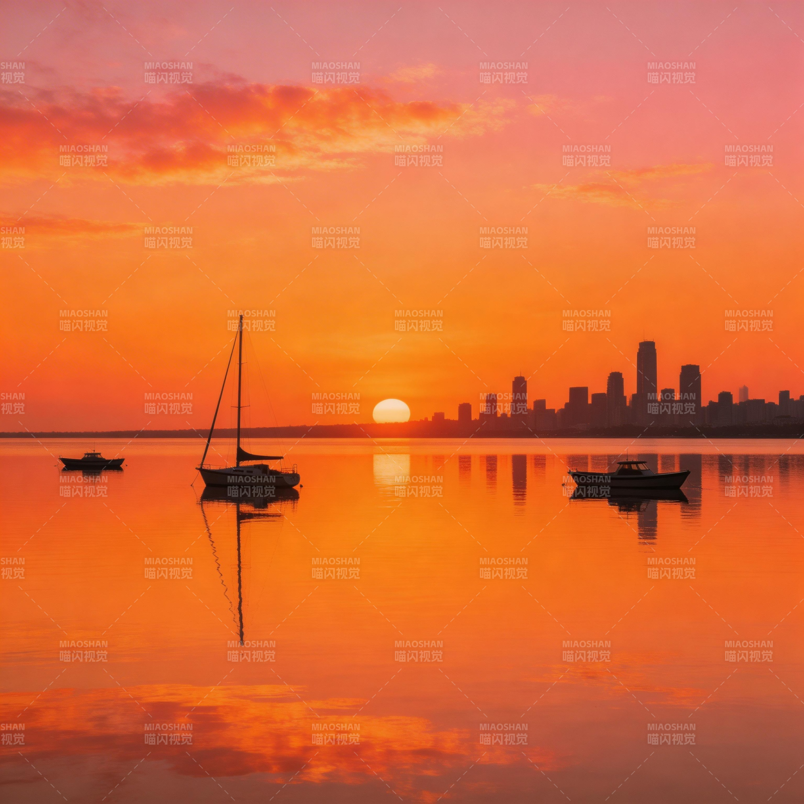 夕阳下的城市剪影图片