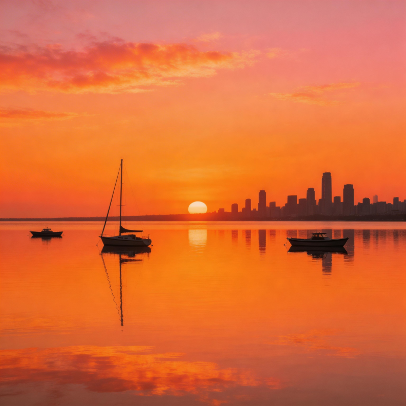 夕阳下的城市剪影图片