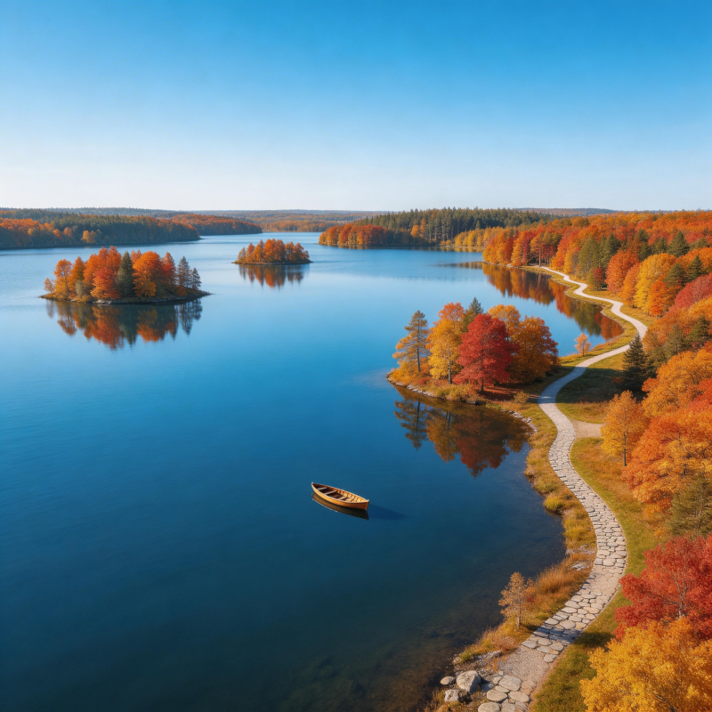 秋湖静谧行舟图片