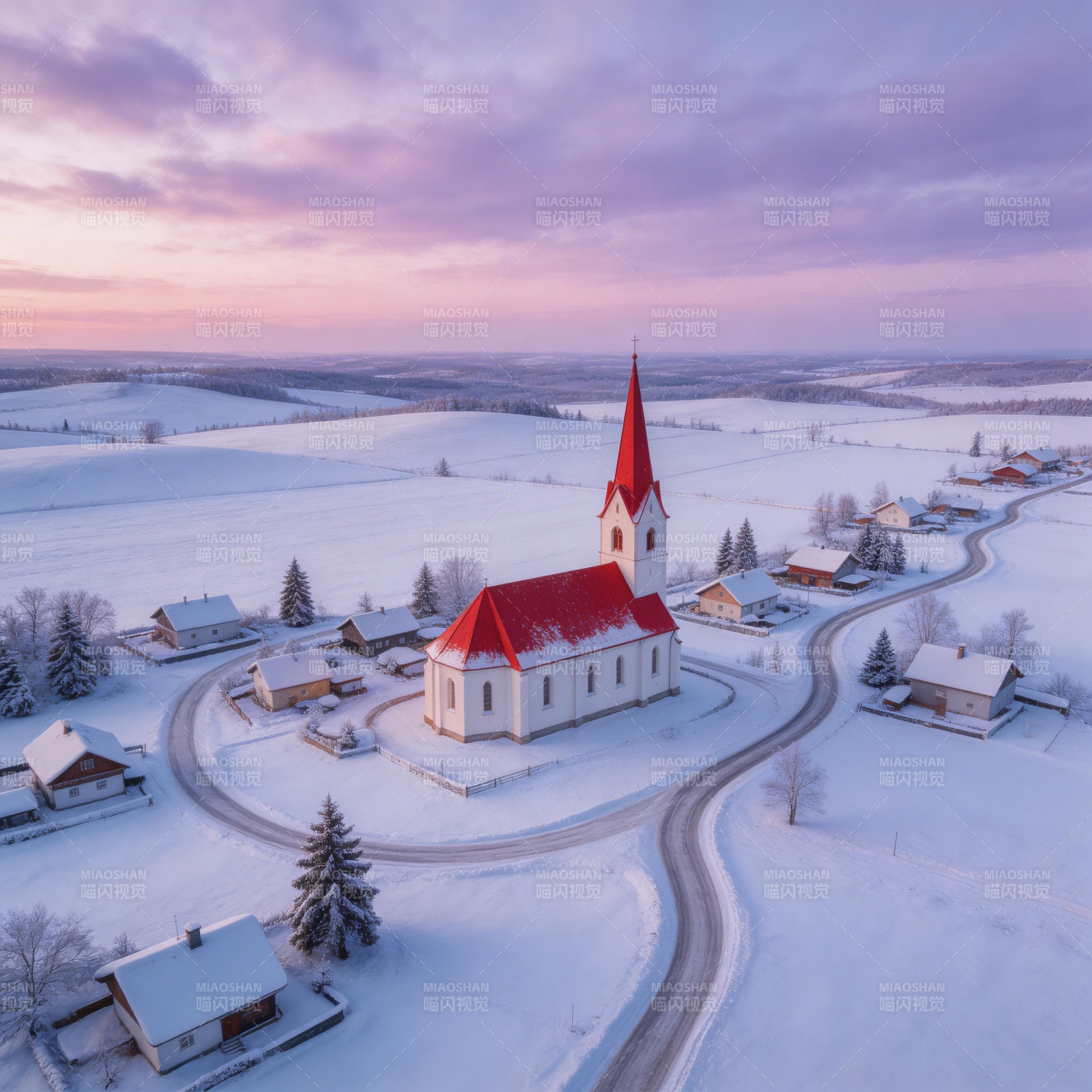 雪中教堂晨曦图片