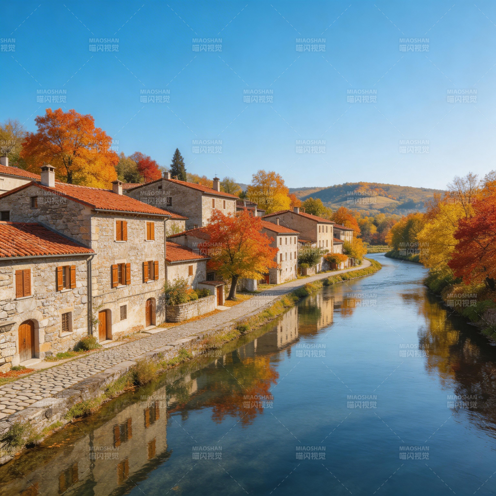 秋水映古村图片