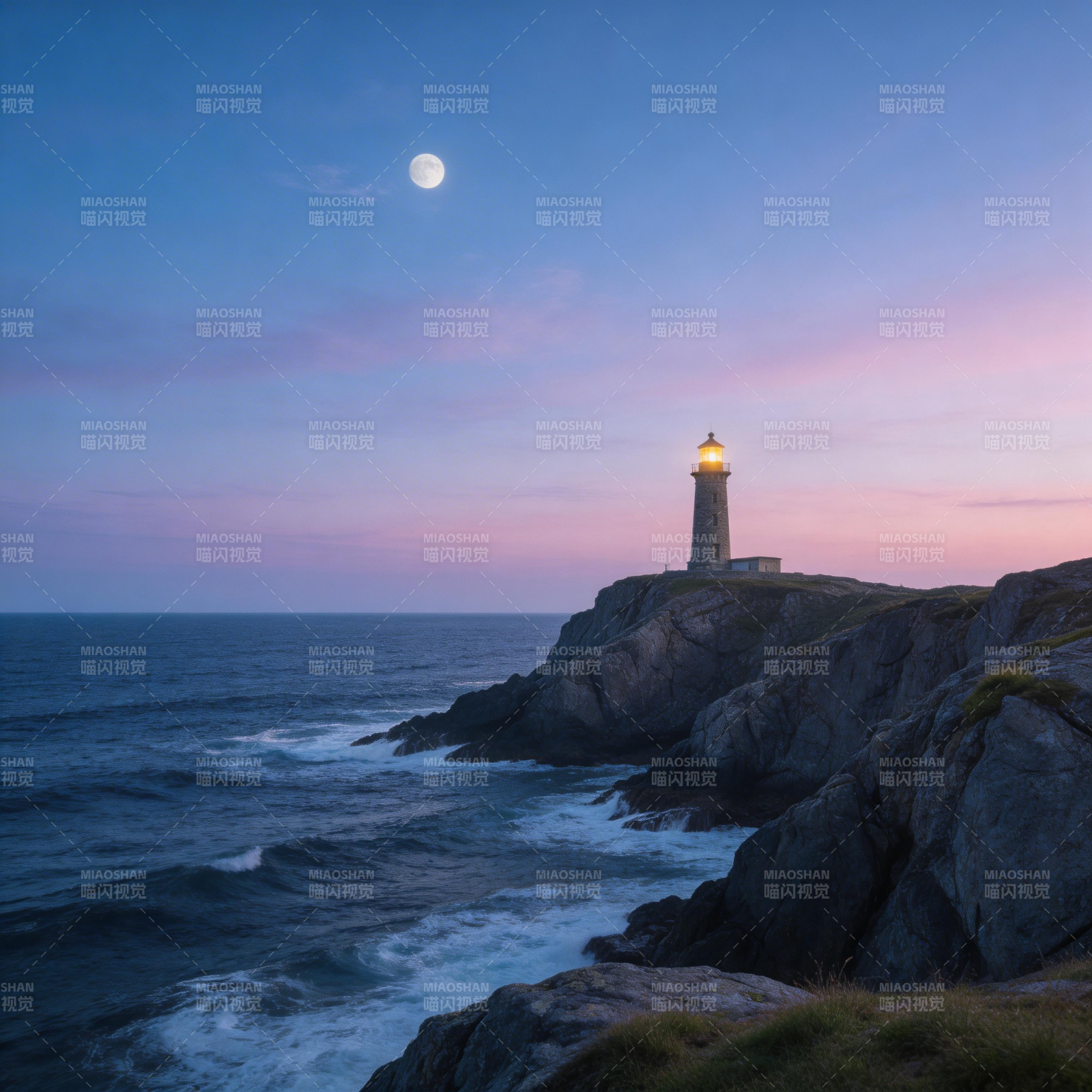 月夜灯塔守海隅图片