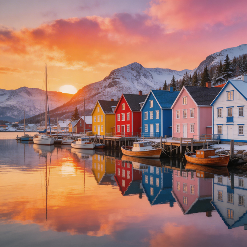 彩屋映水夕阳美图片