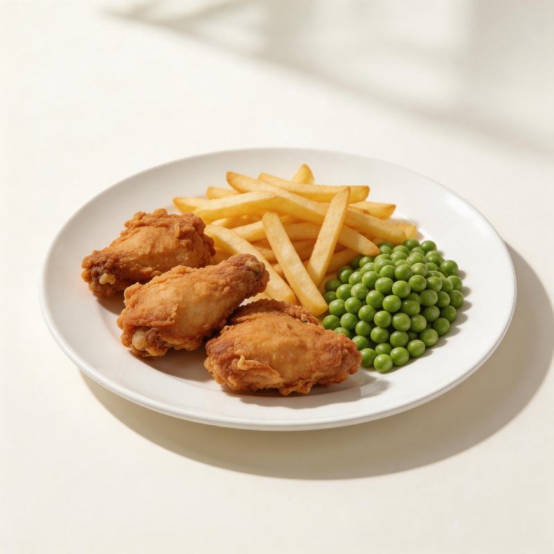 炸鸡翅配薯条青豆图片