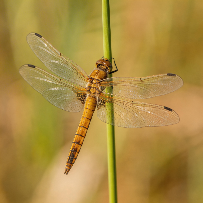 橙色蜻蜓栖息草尖图片