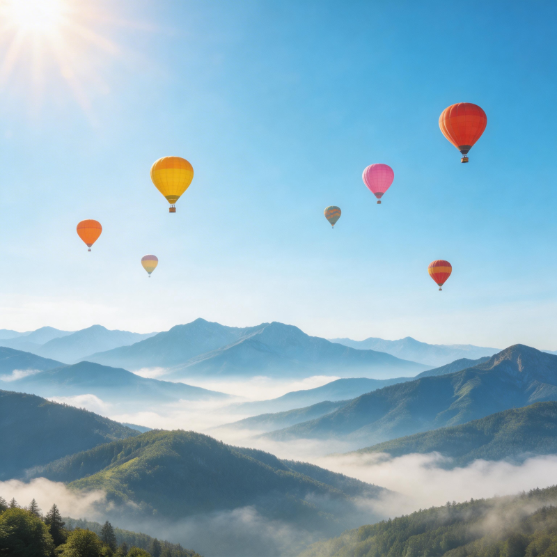 热气球飞越山峦图片