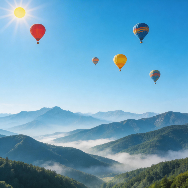 热气球翱翔山间图片