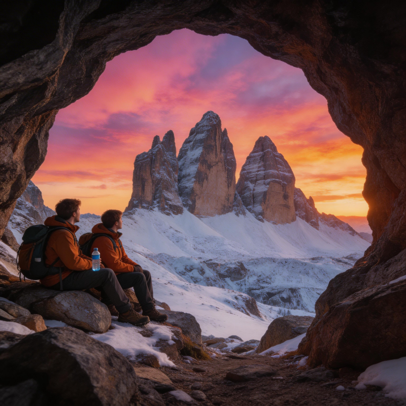 雪山洞中观日落图片