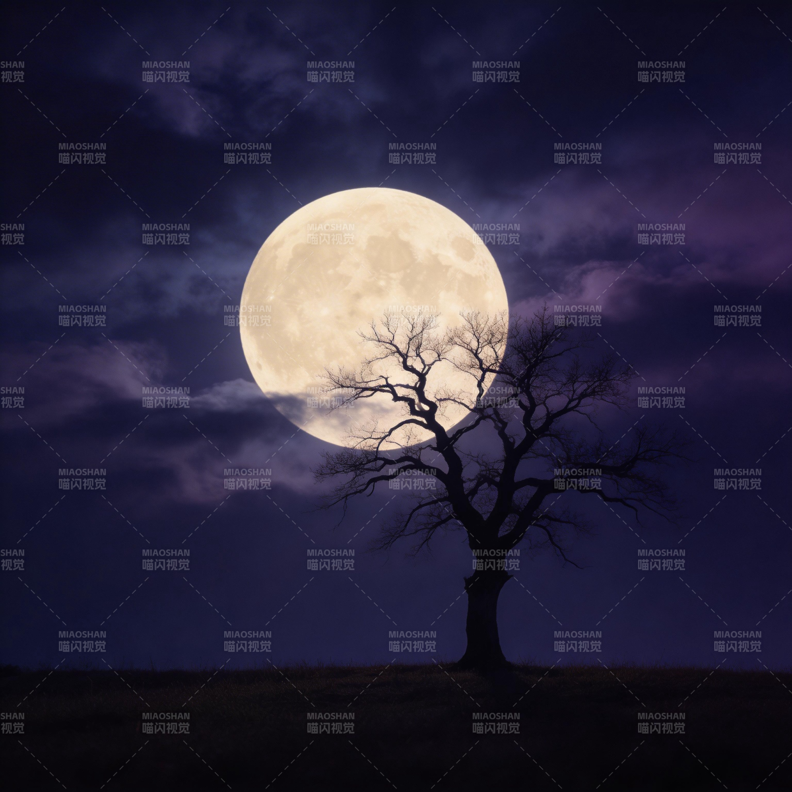 孤树映月夜图片