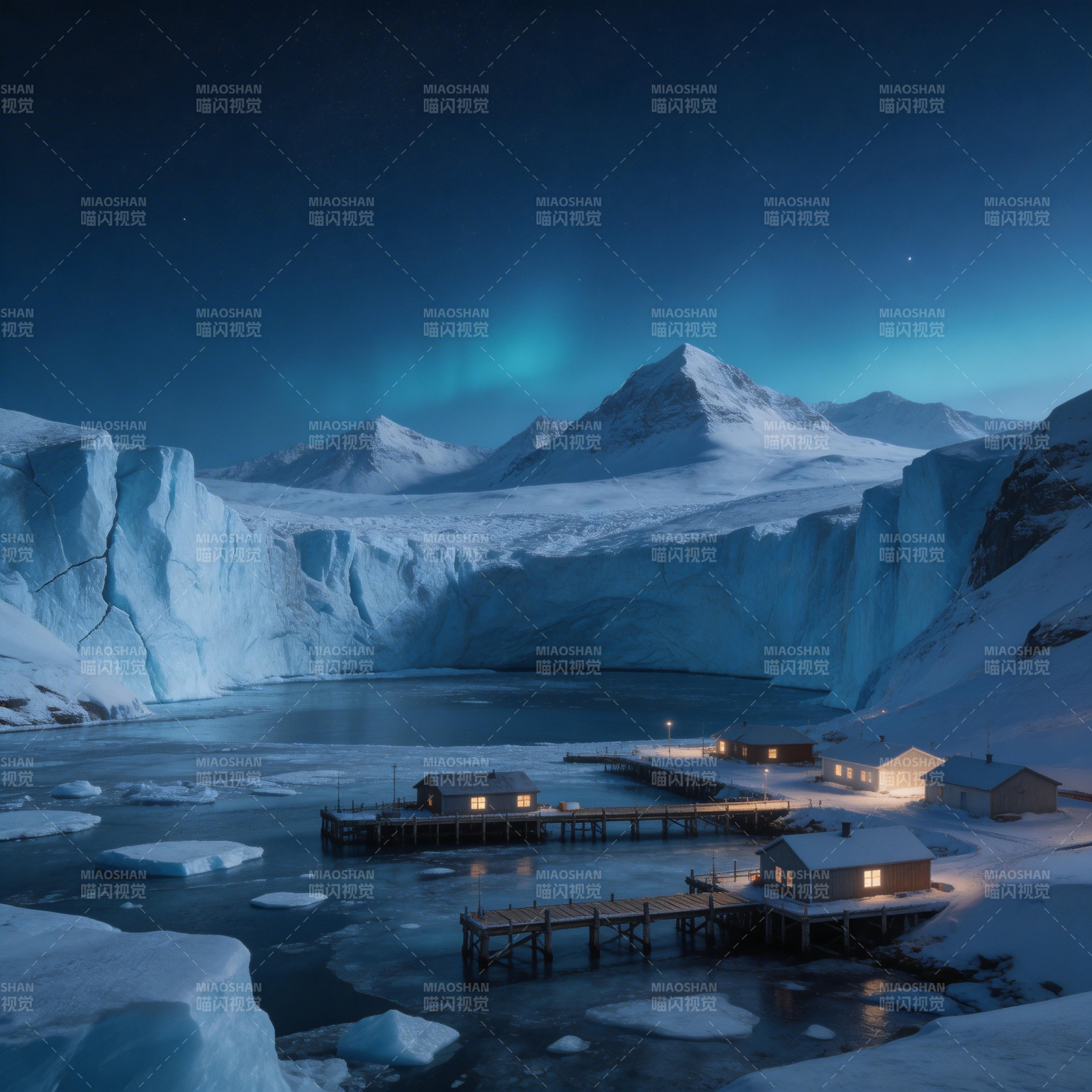 极地夜景 冰川小镇图片