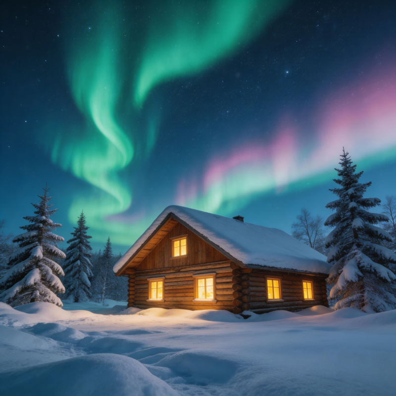 极光下的雪屋图片