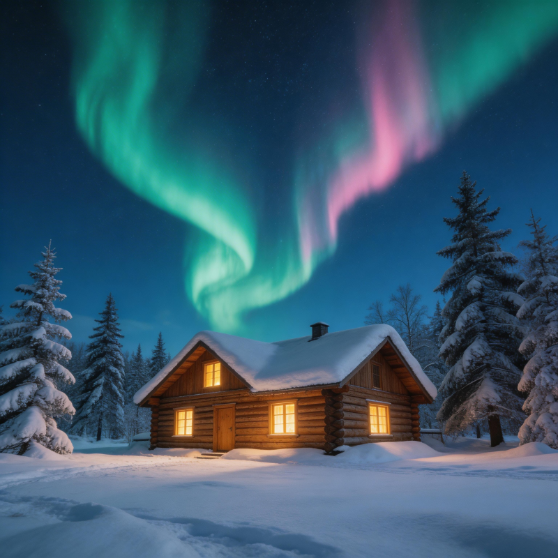 极光下的雪屋图片