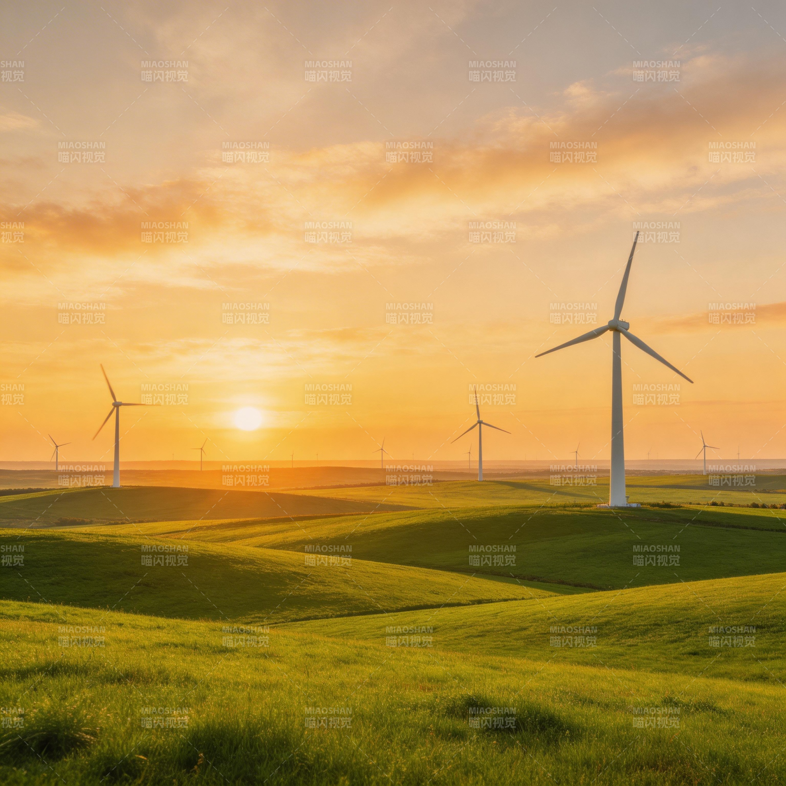 风车日落田园图片