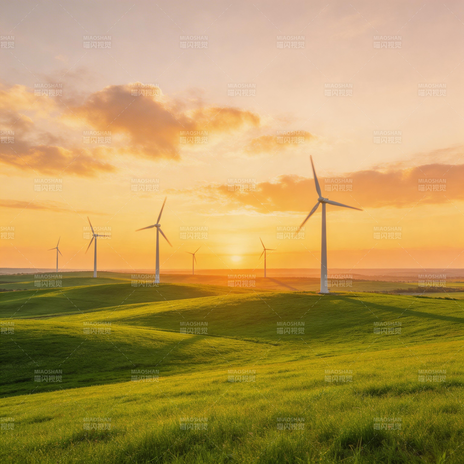 风车日落草原图片