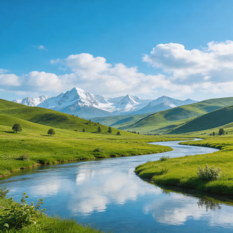 雪山绿野溪流图片
