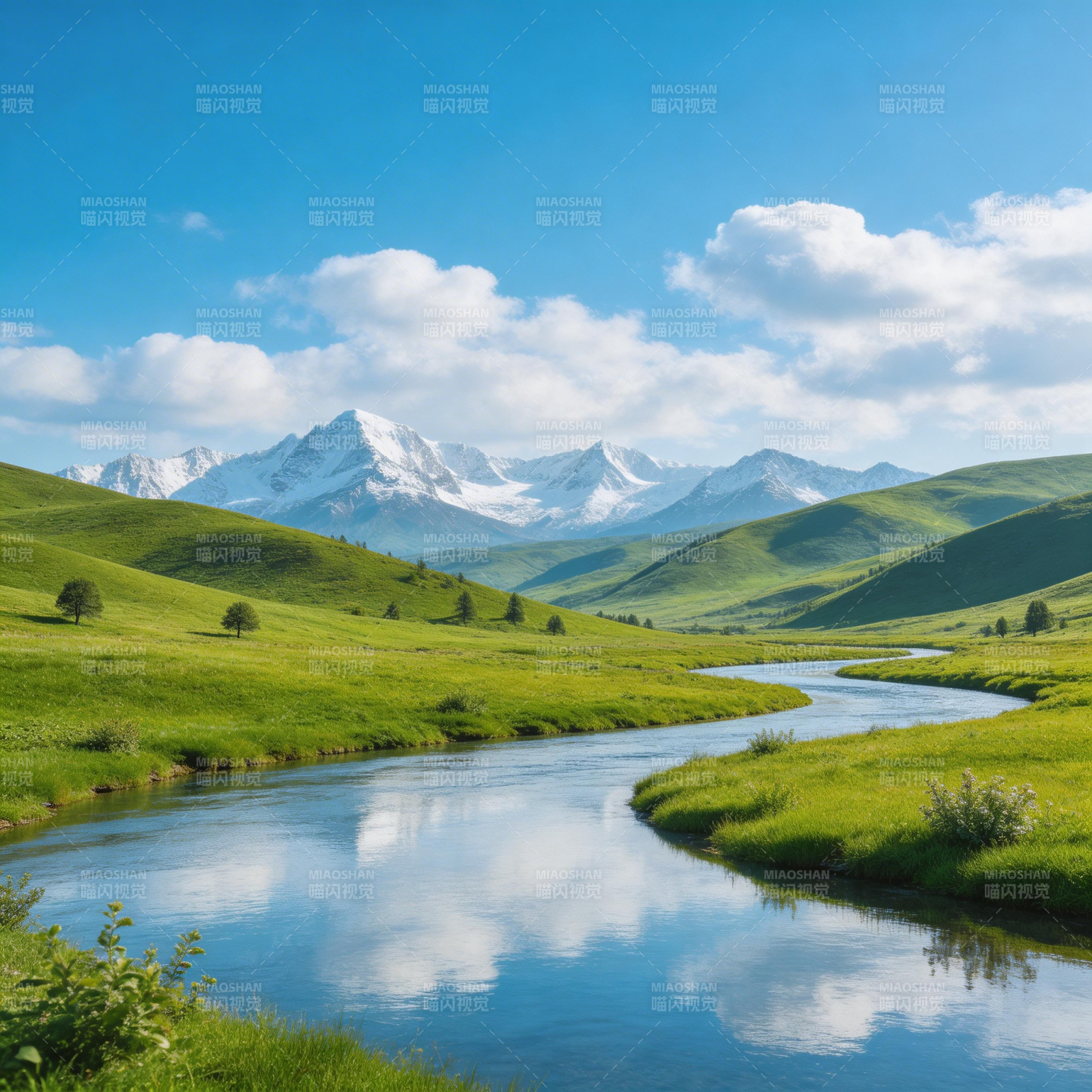 雪山绿野溪流图片