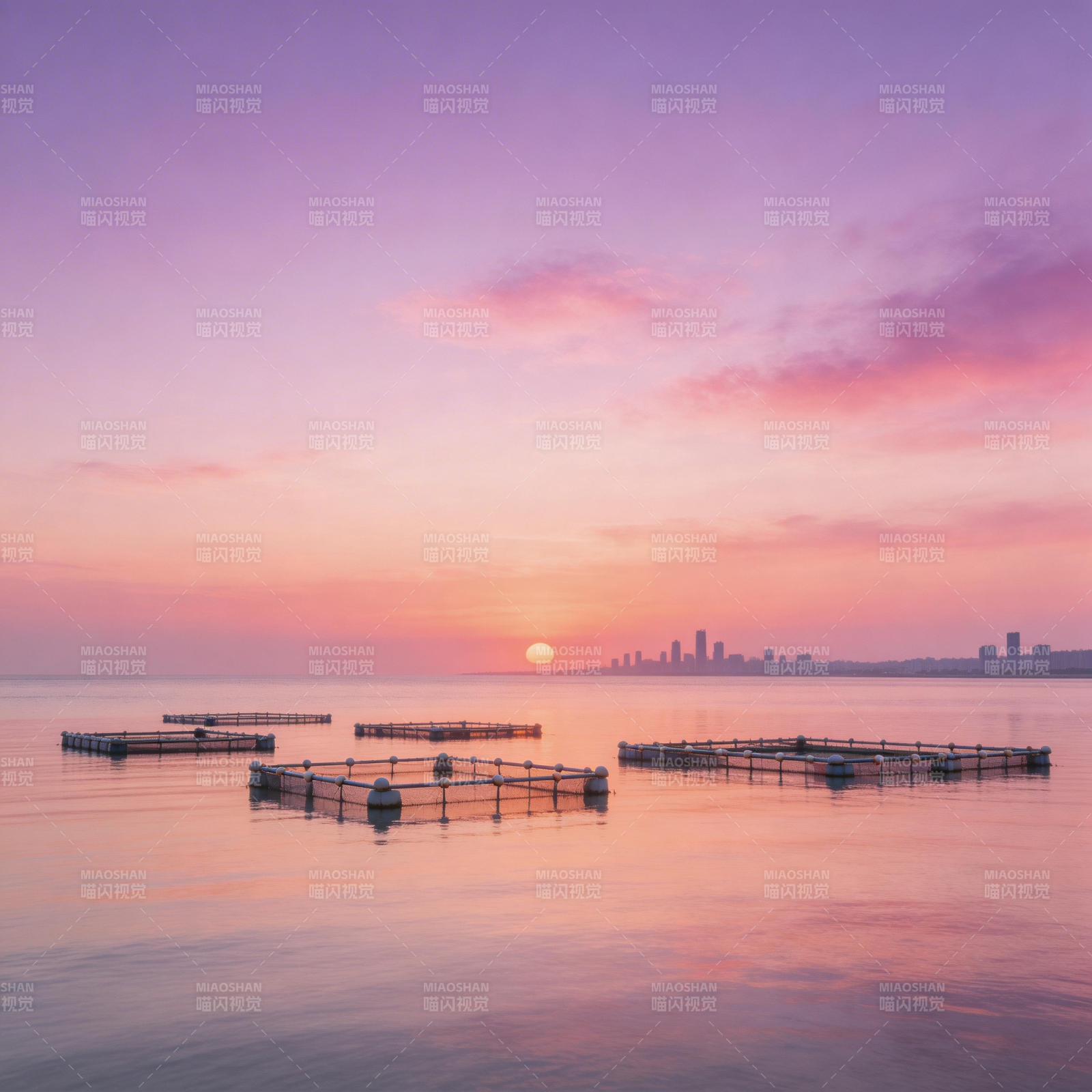 日落海景城市剪影图片