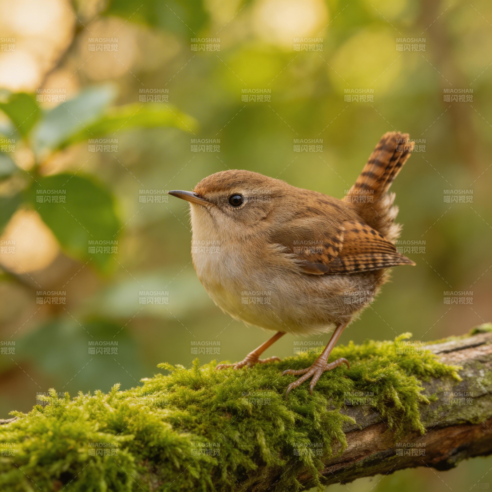 小鹪鹩栖息于青苔枝头图片