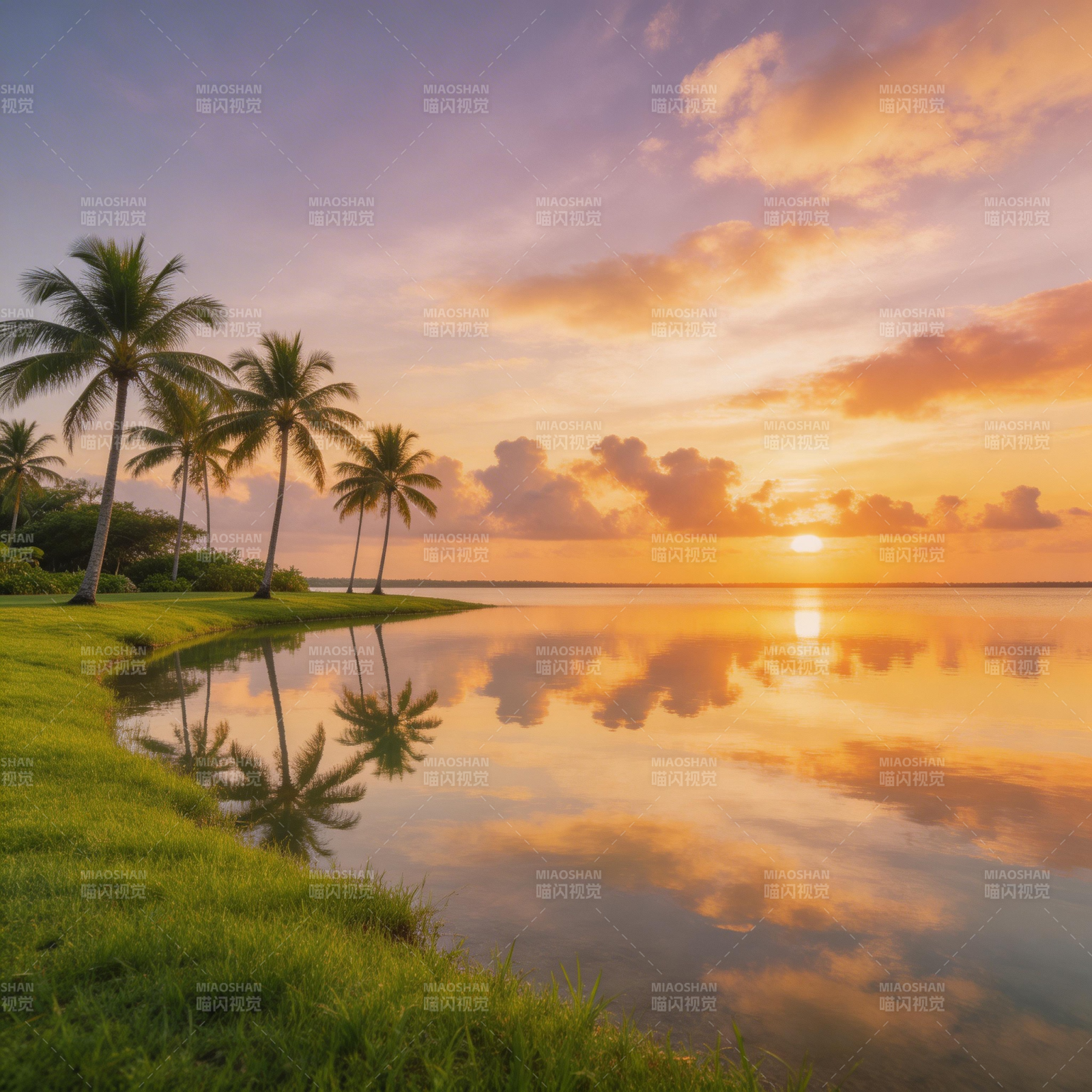 椰林夕照水天一色图片