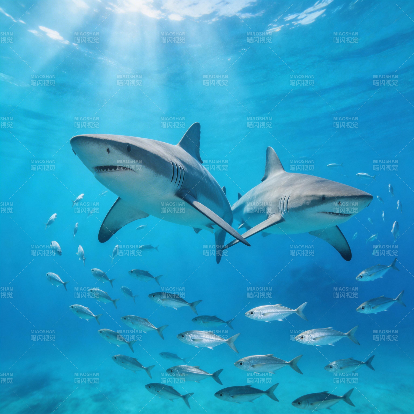 鲨鱼共游深海图片