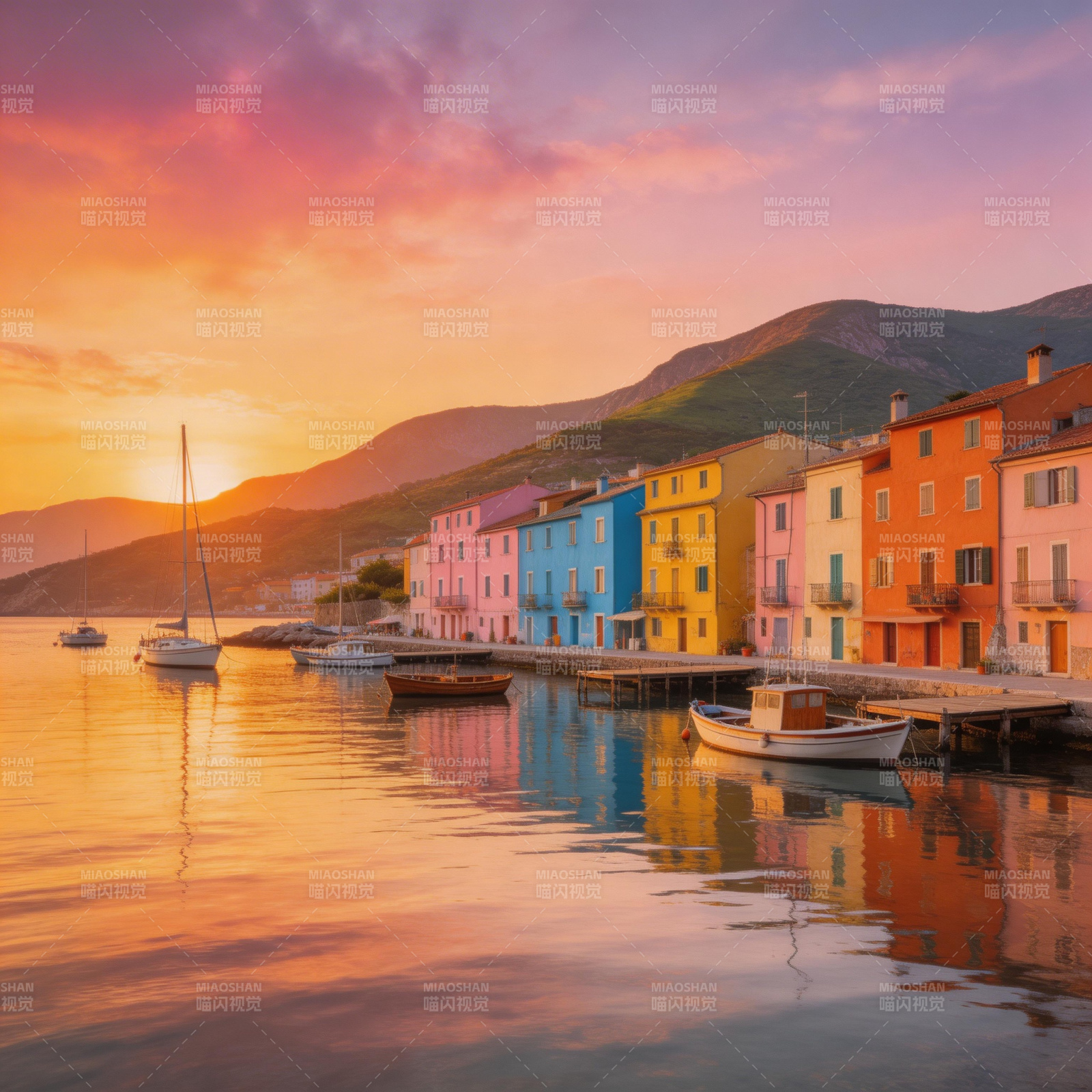 彩屋映水夕阳美图片