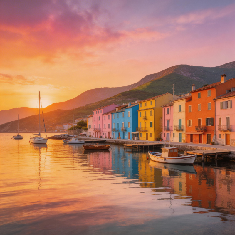 彩屋映水夕阳美图片