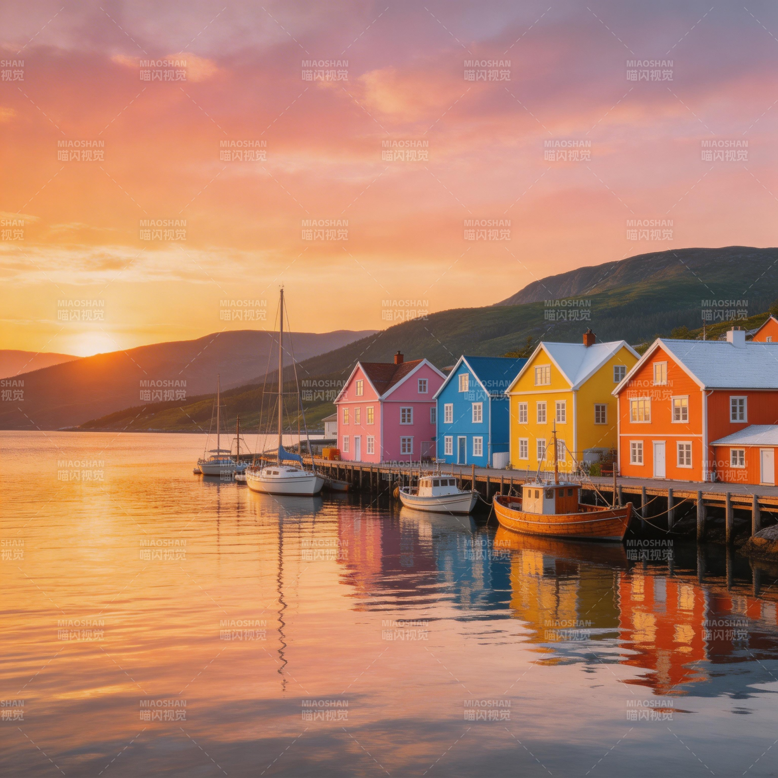 彩屋映水夕阳美图片