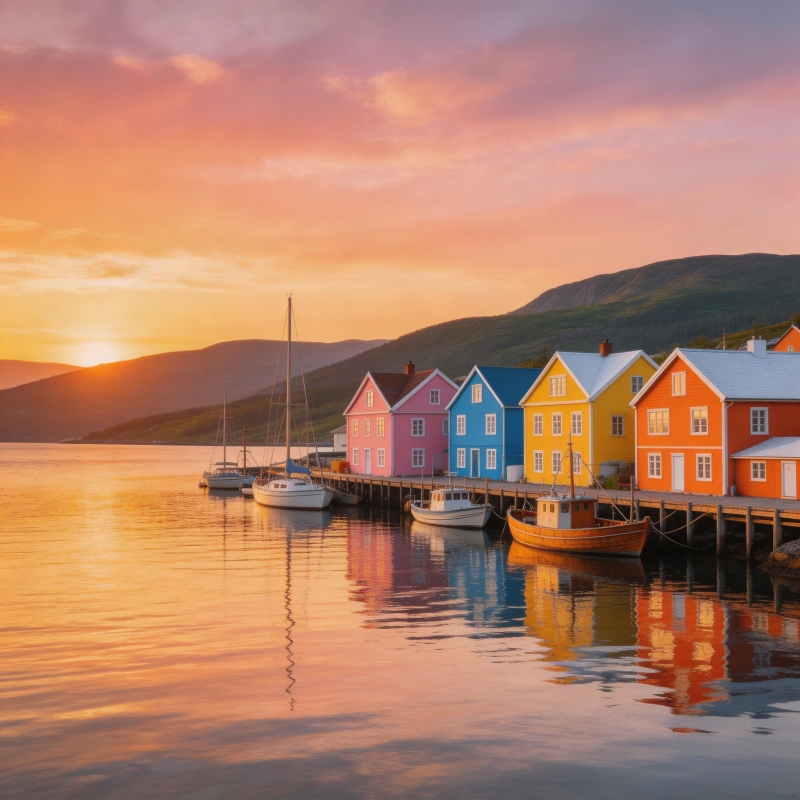 彩屋映水夕阳美图片