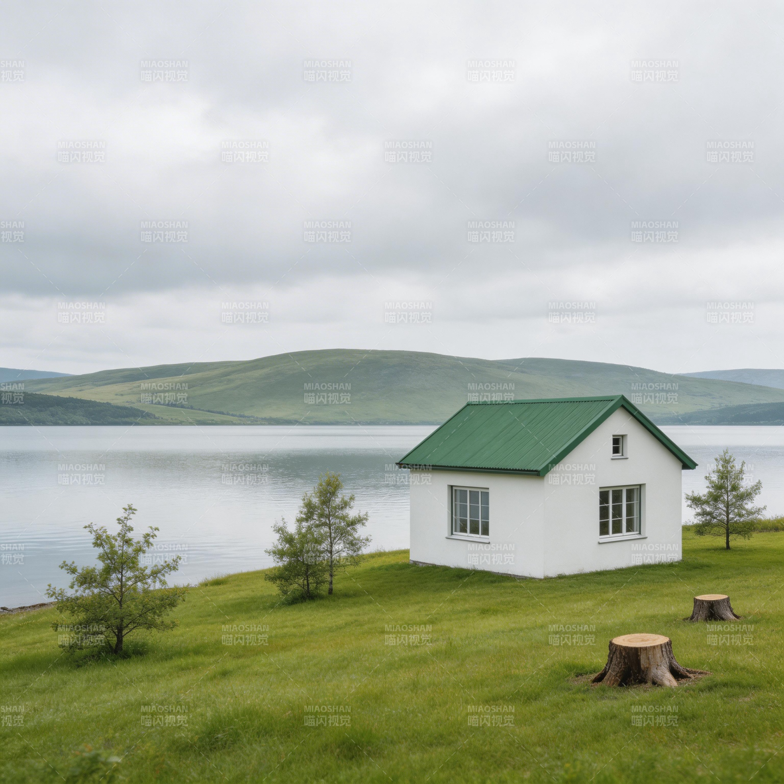 湖畔小屋静谧风光图片