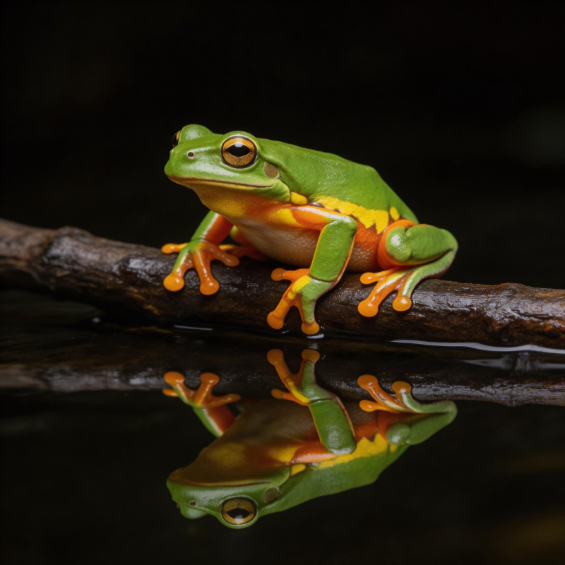 绿蛙栖枝映水中图片