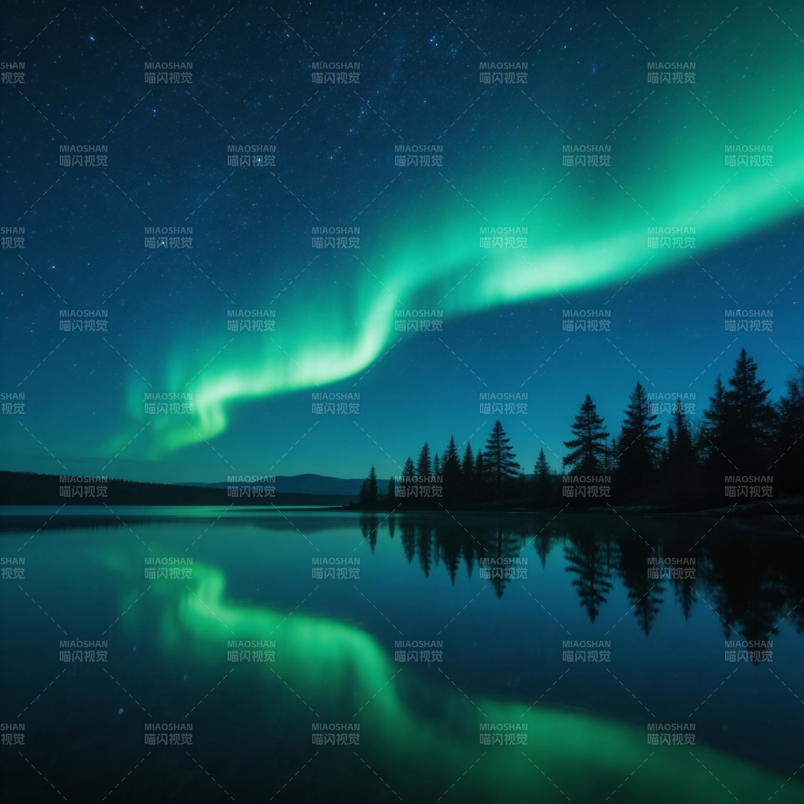 极光映湖夜景图片