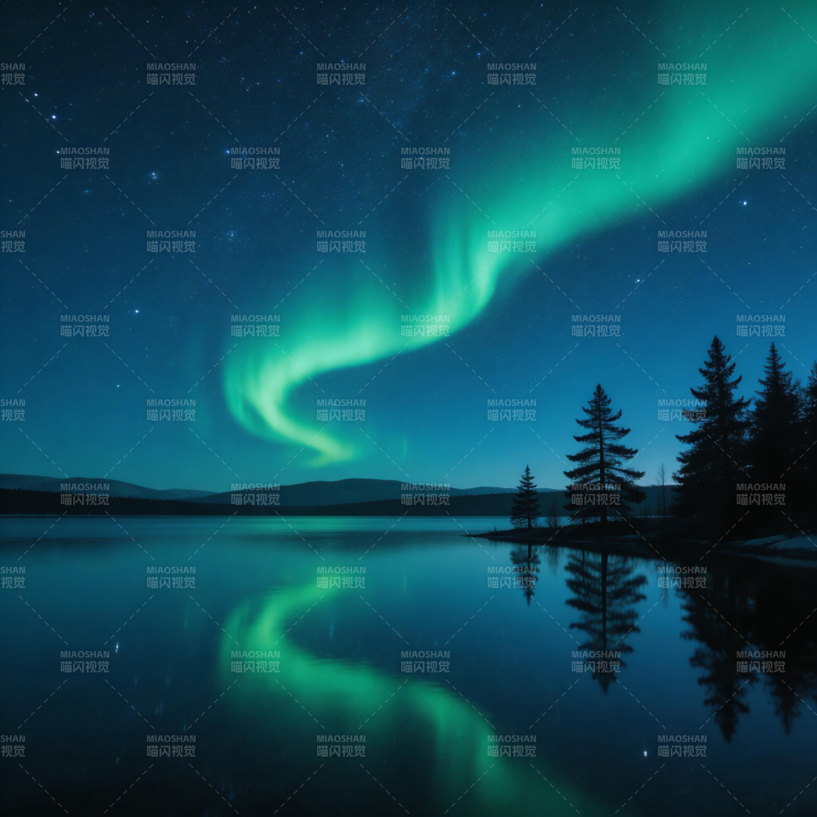 极光映湖夜景图片