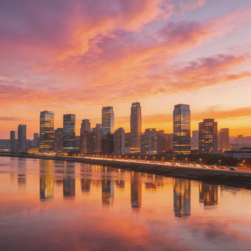 城市黄昏倒影图片