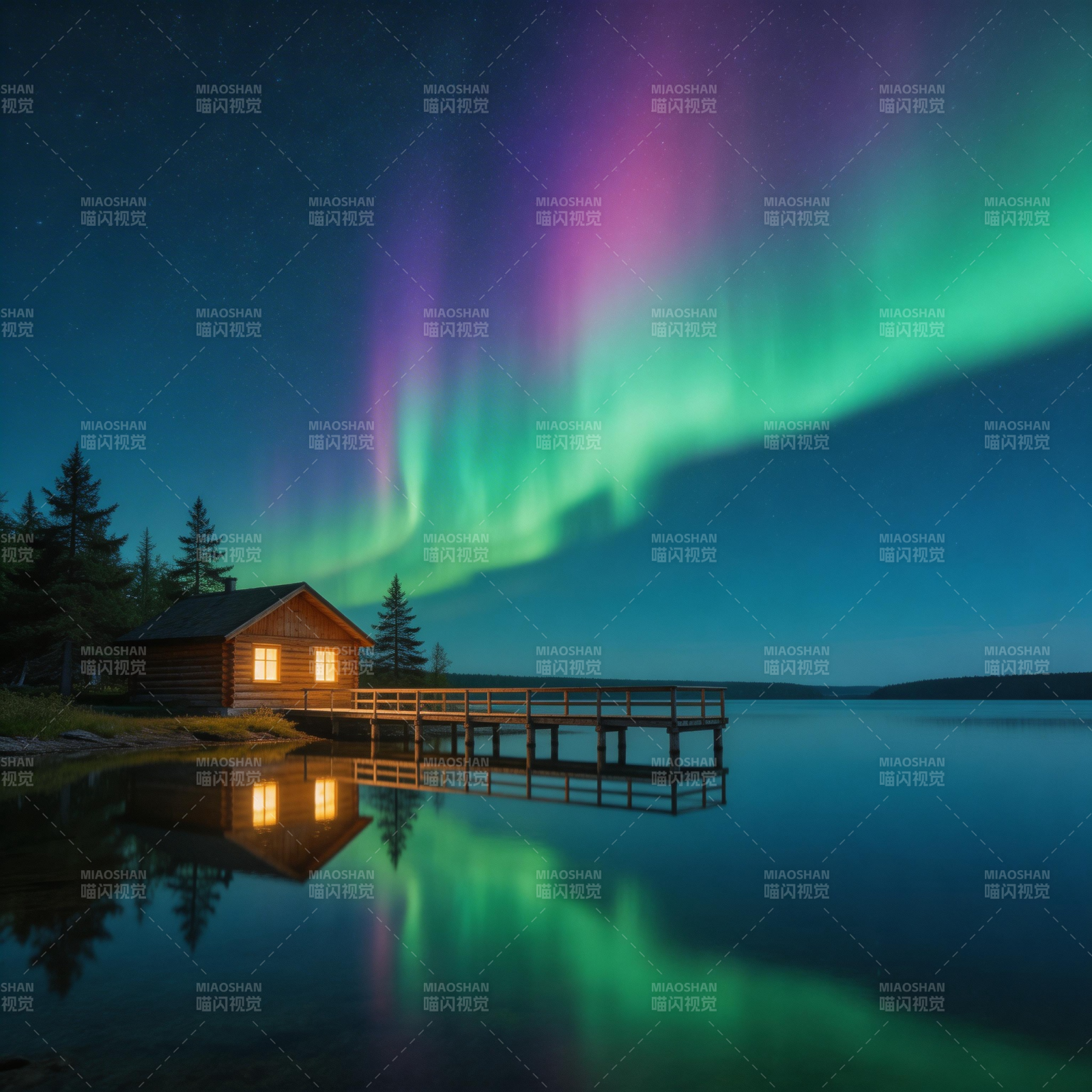 极光映湖畔小屋图片