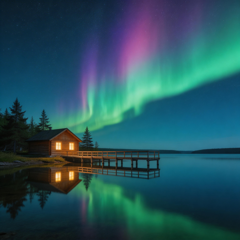 极光映湖畔小屋图片