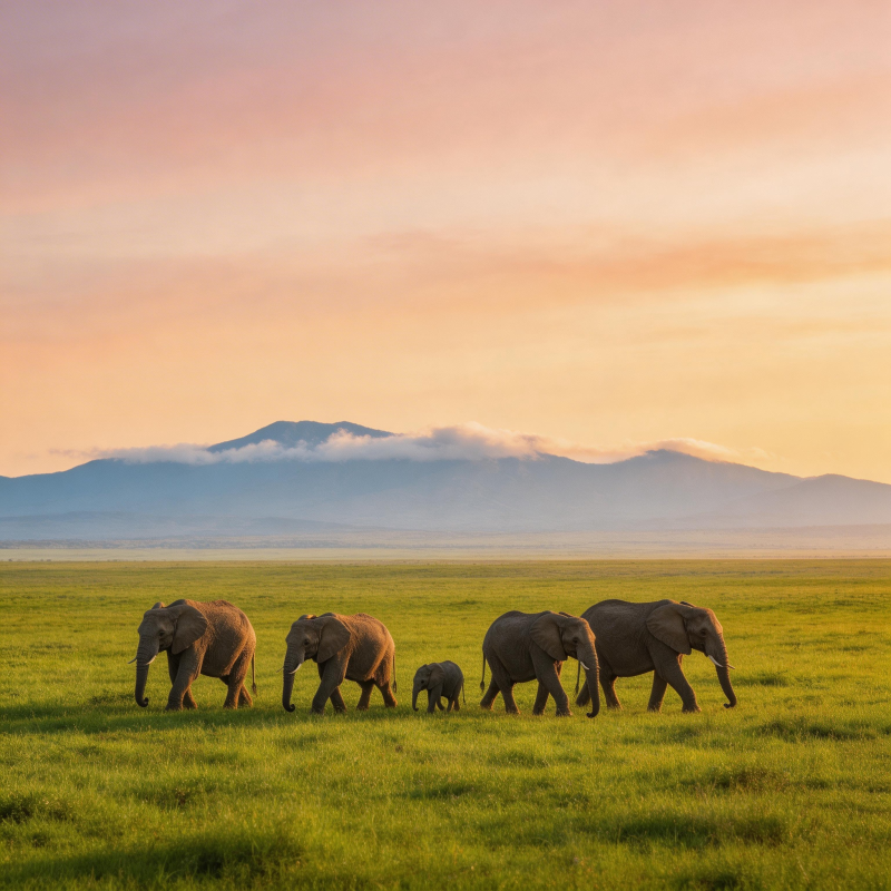 象群草原日落行图片