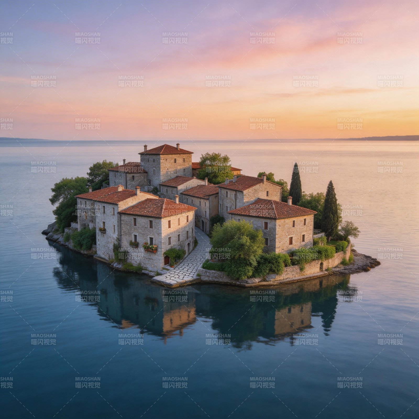 湖心古堡晨曦图片