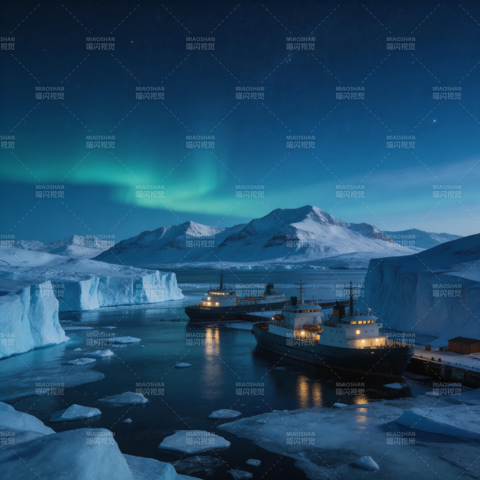 极光下的冰海航船图片