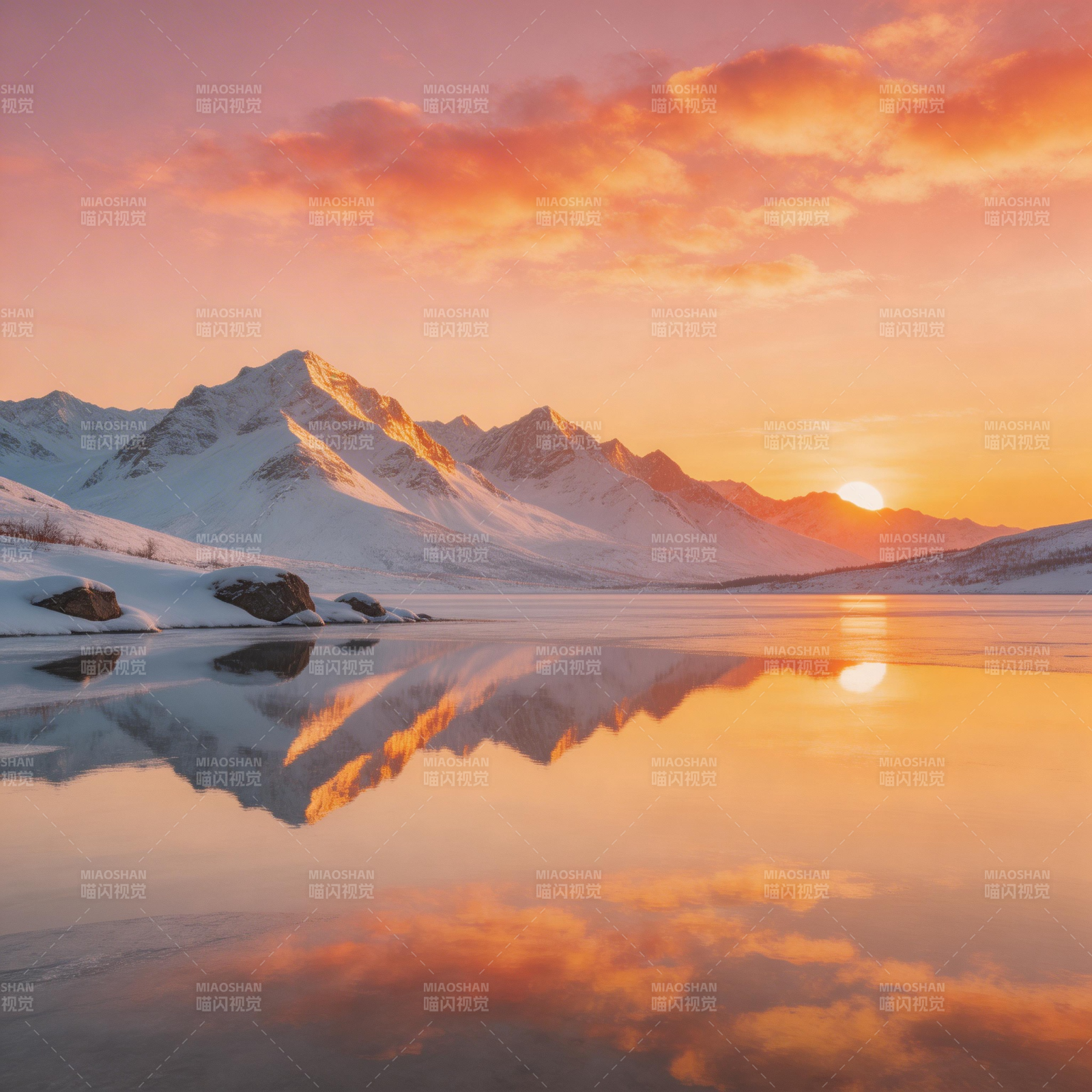 雪山日出倒影图片