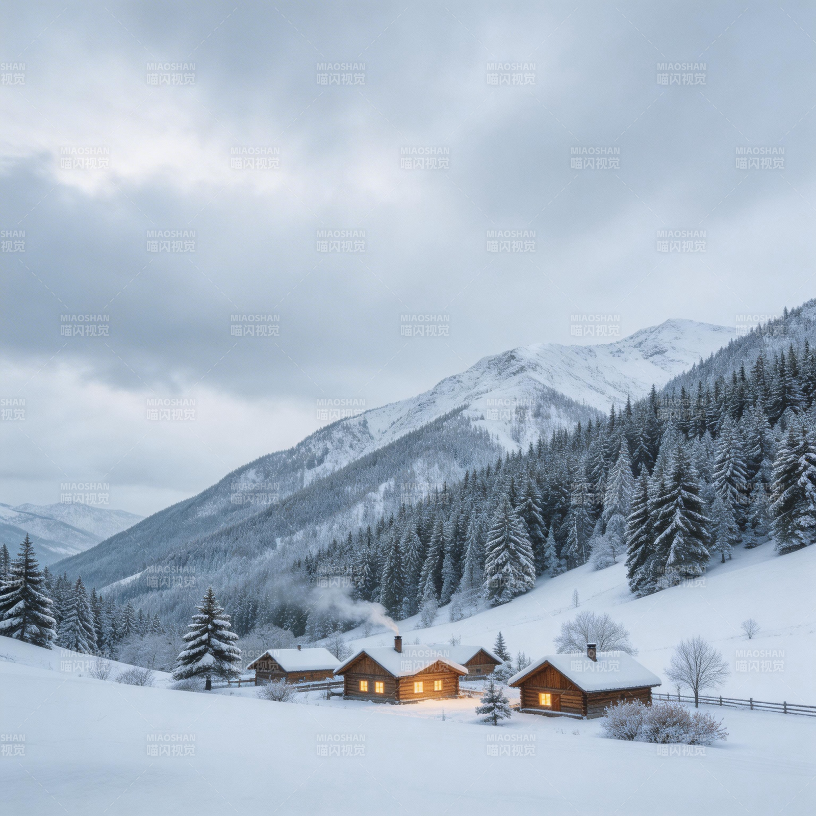 雪夜山居静谧景图片