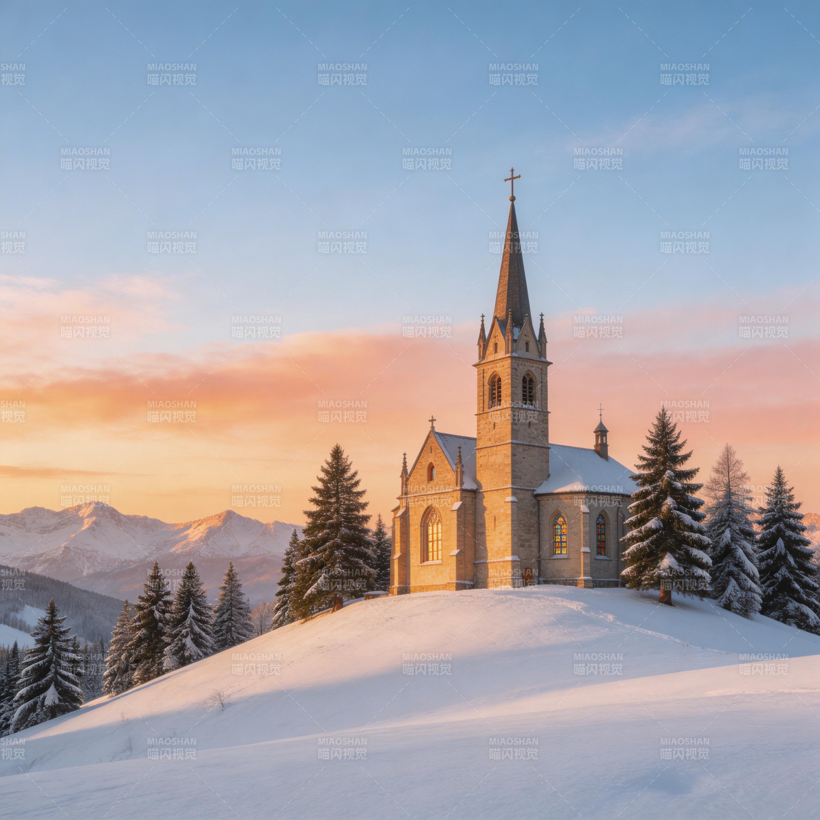 雪峰教堂晨曦图片