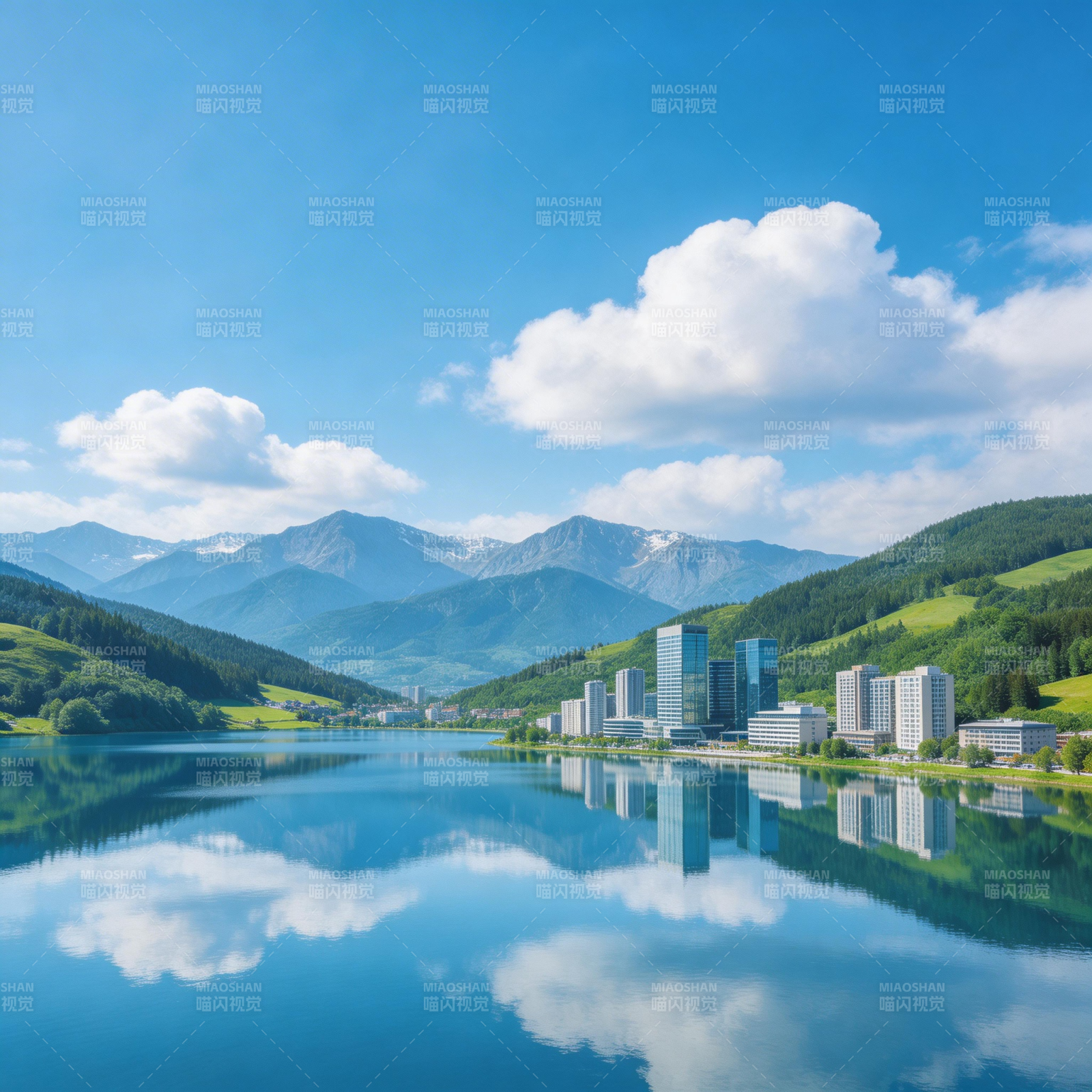 湖光山色映城市图片