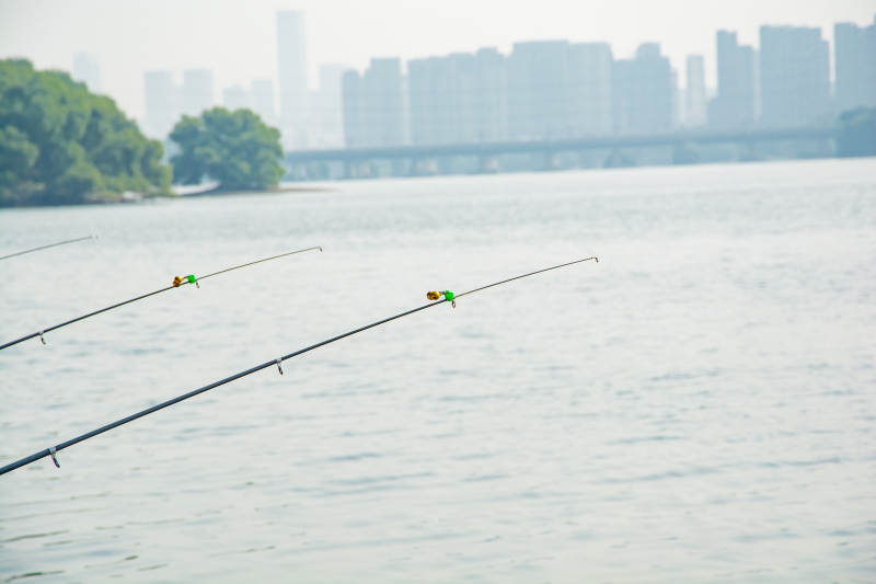 湖畔垂钓 城市远景图片