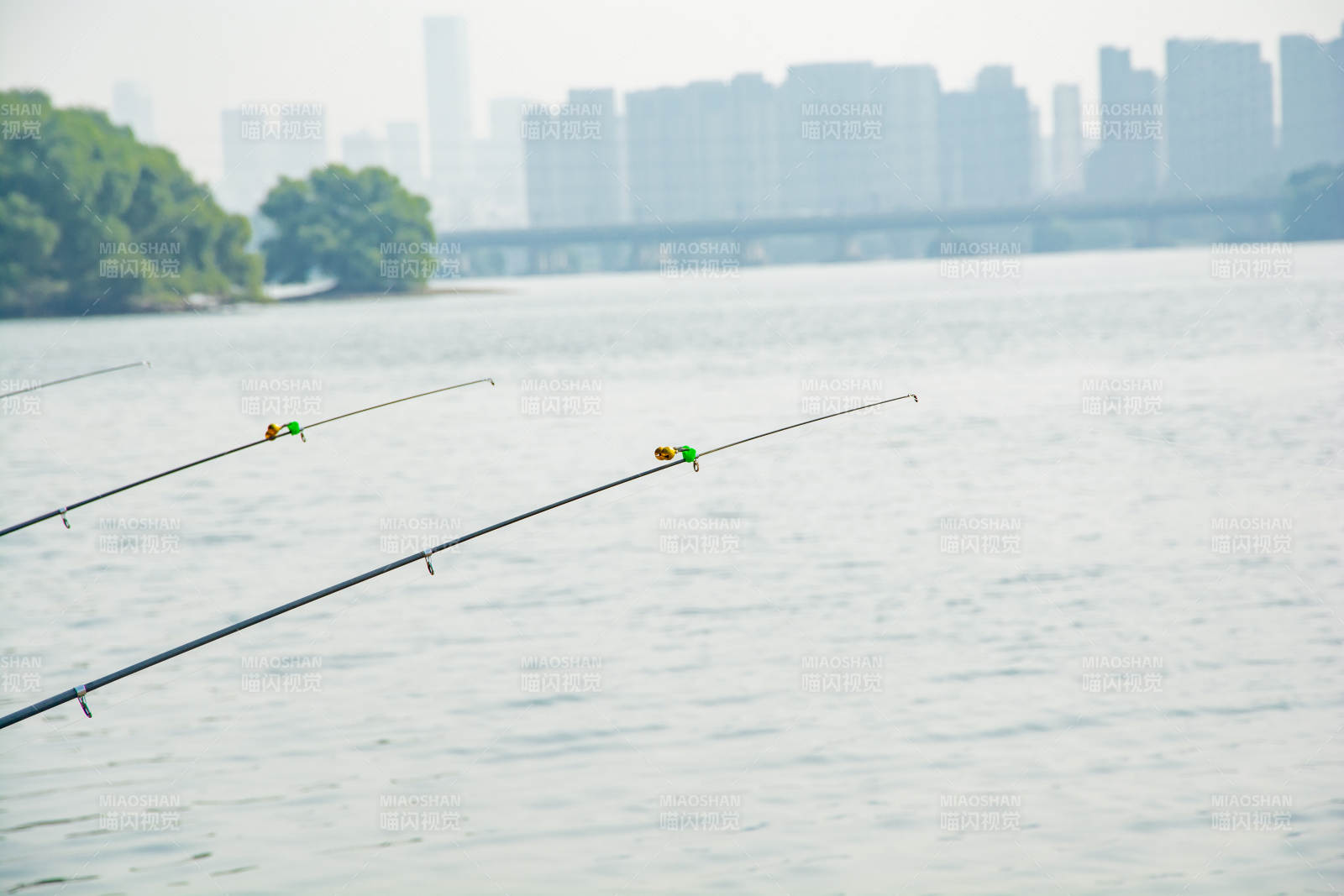 湖畔垂钓 城市远景图片