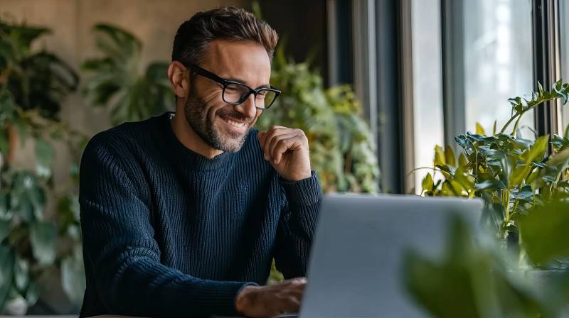 男子专注工作 面带微笑图片