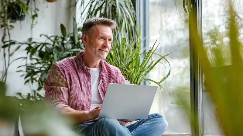 窗边办公的男子图片