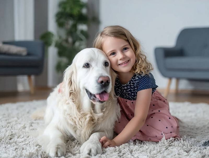 小女孩与金毛犬温馨相伴图片