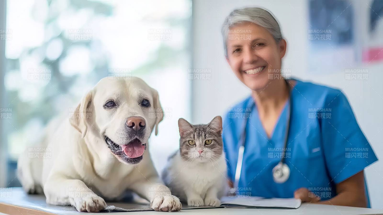 宠物医生与猫狗合影图片