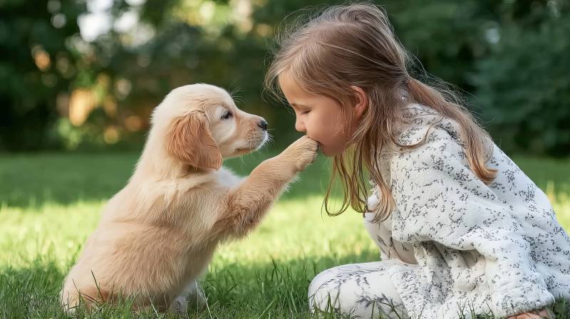 小女孩与小狗亲昵互动图片