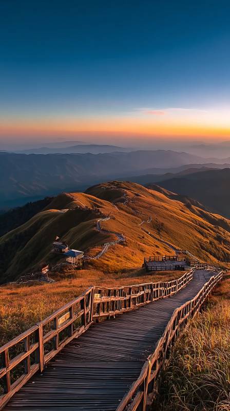 山脊木道晨曦图片